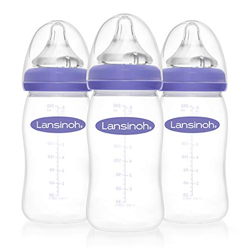 Lansinoh Anti-Colic Baby Bottles for Breastfeeding Babies, 8 Ounces, 3 Count, Includes 3 Medium Flow Nipples, Size M