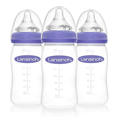 Lansinoh Anti-Colic Baby Bottles for Breastfeeding Babies, 8 Ounces, 3 Count, Includes 3 Medium Flow Nipples, Size M