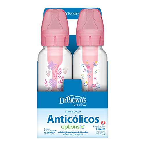 Dr. Brown's Natural Flow Anti-Colic Options+ Narrow Baby Bottle, 8 oz/250 mL, with Level 1 Slow Flow Nipple, 0m+, 4 count