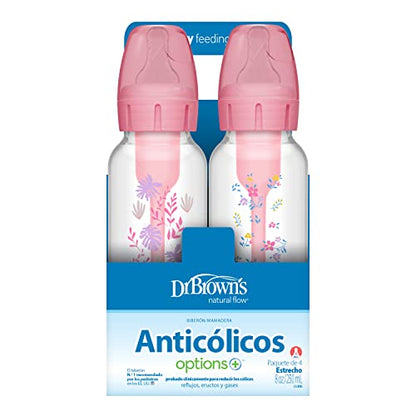 Dr. Brown's Natural Flow Anti-Colic Options+ Narrow Baby Bottle, 8 oz/250 mL, with Level 1 Slow Flow Nipple, 0m+, 4 count