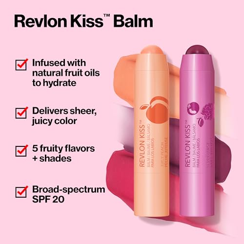 Revlon Lip Balm, Kiss Tinted Lip Balm, Face Makeup with Lasting Hydration, SPF 20, Infused with Natural Fruit Oils, 030 Sweet Cherry, 0.09 Oz