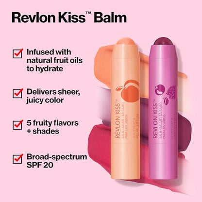 Revlon Lip Balm, Kiss Tinted Lip Balm, Face Makeup with Lasting Hydration, SPF 20, Infused with Natural Fruit Oils, 030 Sweet Cherry, 0.09 Oz