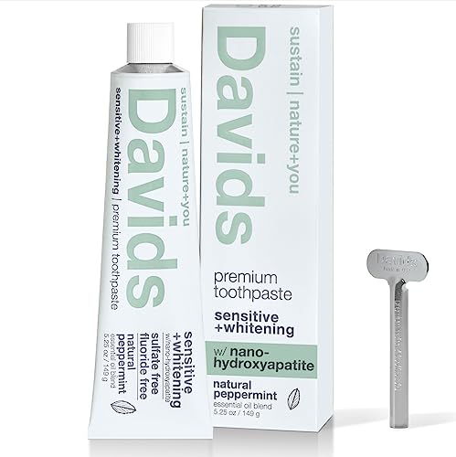 Davids Natural Toothpaste for Teeth Whitening, Peppermint, Antiplaque, Fluoride Free, SLS Free, EWG Verified, Toothpaste Squeezer Included, Recyclable Metal Tube, 5.25oz