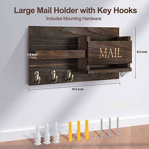 Mail Organizer for Wall Mount – Key Holder with Shelf includes Letter Holder and Hooks for Hallway Farmhouse Decor – Rustic Wood with Flush Mounting Hardware (16.5” x 9.1” x 3.4”) (Black)