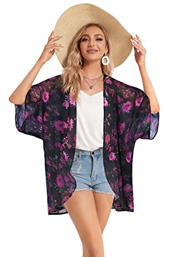 Women's Floral Print Puff Sleeve Kimono Cardigan Loose Cover Up Casual Blouse Tops