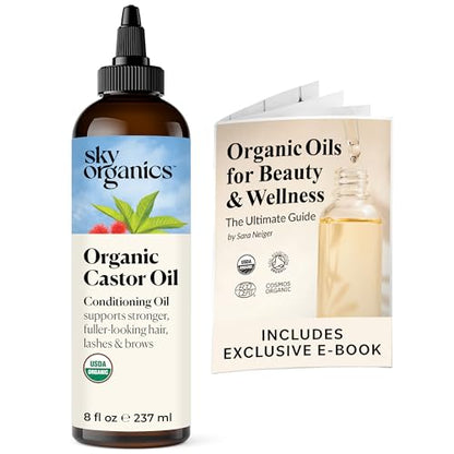 Sky Organics Castor Oil (2x16oz) USDA Organic Cold-Pressed Unrefined100% Pure Hexane-Free Castor Oil Conditioning & Healing For Dry Skin, Hair Growth for Eyelashes & Eyebrows with Exclusive Ebook