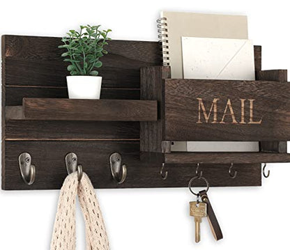 Mail Organizer for Wall Mount – Key Holder with Shelf includes Letter Holder and Hooks for Hallway Farmhouse Decor – Rustic Wood with Flush Mounting Hardware (16.5” x 9.1” x 3.4”) (Black)