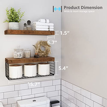 QEEIG Bathroom Shelves Over Toilet Wall Mounted Floating Shelves Farmhouse Shelf Toilet Paper Storage Small 16 inch Set of 3, Rustic Brown (019-BN3)