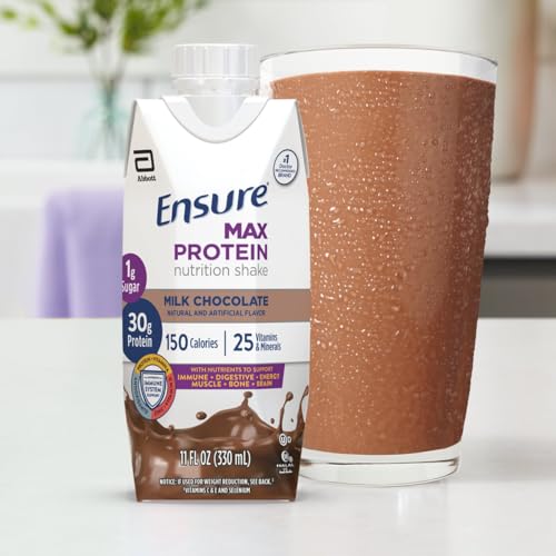 Ensure Max Protein Nutrition Shake with 30g of Protein, 1g of Sugar, High Protein Shake, Milk Chocolate, 11 Fl Oz (Pack of 12), Liquid, Halal