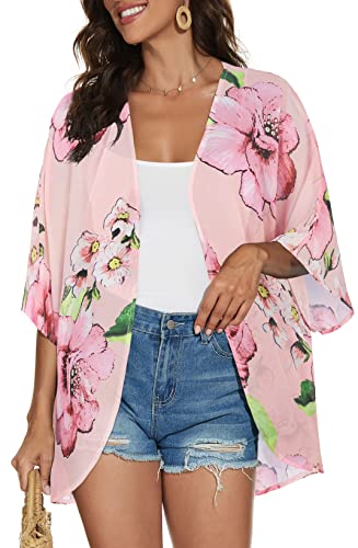 Women's Floral Print Puff Sleeve Kimono Cardigan Loose Cover Up Casual Blouse Tops