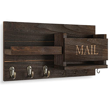 Mail Organizer for Wall Mount – Key Holder with Shelf includes Letter Holder and Hooks for Hallway Farmhouse Decor – Rustic Wood with Flush Mounting Hardware (16.5” x 9.1” x 3.4”) (Black)