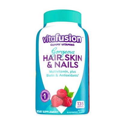 Vitafusion Gorgeous Hair, Skin Nails Multivitamin Gummy Vitamins, plus Biotin and Antioxidant vitamins CE, Raspberry Flavor, 100ct (33 day supply), from America’s Number One Gummy Vitamin Brand