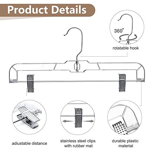 HOUSE DAY 12 Pack 14 inch Clear Plastic Skirt Hangers with Adjustable Clips, Pants Hangers 360-Rotating Swivel Hook, Clip Hangers for Pants, Trousers, Skirts, Jeans, Bulk Plastic Hangers