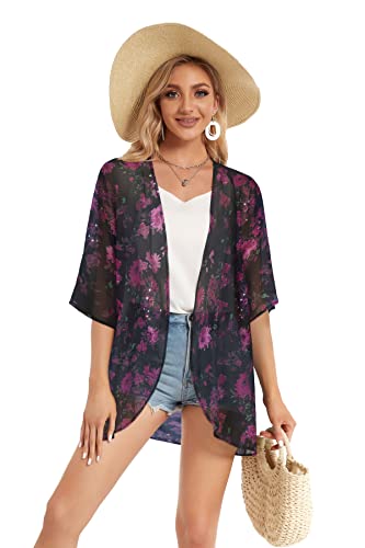 Women's Floral Print Puff Sleeve Kimono Cardigan Loose Cover Up Casual Blouse Tops