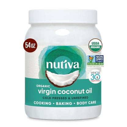 Nutiva Organic Coconut Oil 15 fl oz, Cold-Pressed, Fresh Flavor for Cooking, Natural Hair, Skin, Massage Oil and, Non-GMO, USDA Organic, Unrefined Extra Virgin Coconut Oil (Aceite de Coco)