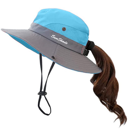 Women's Outdoor UV-Protection-Foldable Sun-Hats Mesh Wide-Brim Beach Fishing Hat with Ponytail-Hole