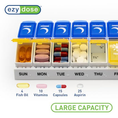 EZY DOSE Weekly (7-Day) AM/PM Pill Case, Medicine Planner, Vitamin Organizer Box, Small Pop-out Compartments, 2 Times a Day, Blue and Purple Lids, BPA Free