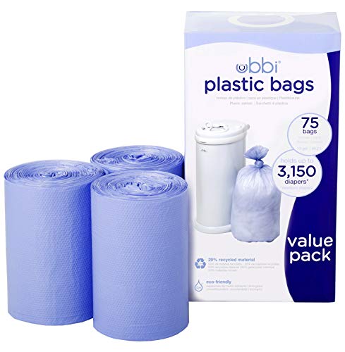 Ubbi Diaper Pail Plastic Bags, Disposable Baby Waste Bags, 3 Pack, 75 Count, 13-Gallon Bags