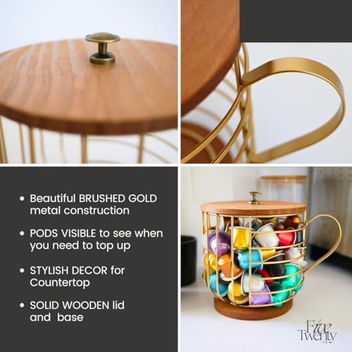 Coffee Pod Holder – Compatible with Nespresso Vertuo Pods and Capsules - Gold Metal K Cup Holder - Cute Coffee Pod Basket w/ Wooden Base & Lid - Coffee Pod Storage - Coffee Bar Decor