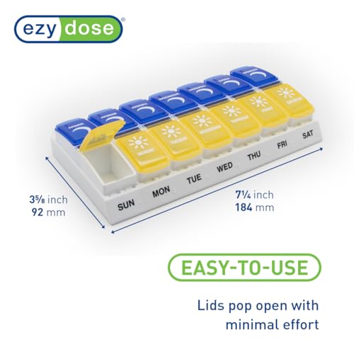 EZY DOSE Weekly (7-Day) AM/PM Pill Case, Medicine Planner, Vitamin Organizer Box, Small Pop-out Compartments, 2 Times a Day, Blue and Purple Lids, BPA Free