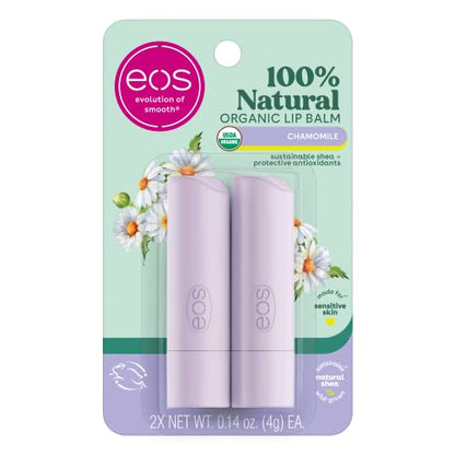 eos 100% Natural & Organic Lip Balm Sticks- Vanilla Bean, All-Day Moisture, Dermatologist Recommended, 0.14 oz, 2-Pack