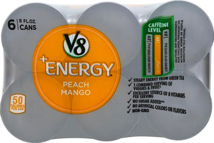 V8 +Energy Peach Mango Juice Energy Drink, 8 fl oz Can (6 Pack)