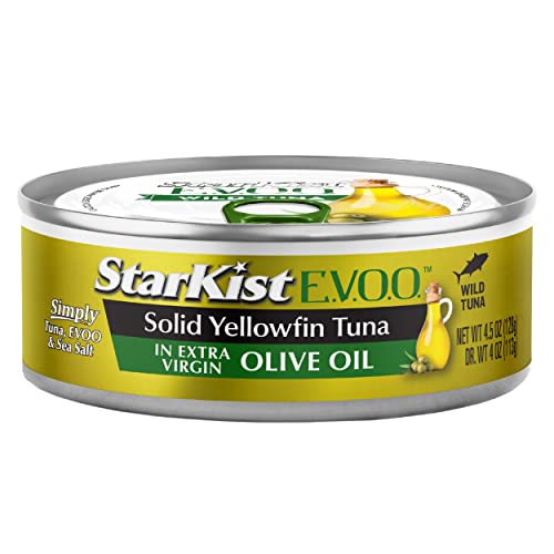 StarKist E.V.O.O. Solid Yellowfin Tuna in Extra Virgin Olive Oil, 4.5 oz (4 Pack) Canned Tuna Fish, Wild Caught, Gluten Free, Ready to Eat, Perfect for Salads, Keto Meals and Snacks