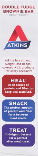 Atkins Double Fudge Brownie Protein Meal Bar, High Fiber, 15g Protein, 1g Sugar, 4g Net Carb, Meal Replacement, Keto Friendly