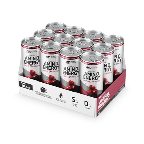 Optimum Nutrition Amino Energy Sparkling Hydration Drink, Electrolytes, Caffeine, Amino Acids, BCAAs, Sugar Free, Juicy Strawberry, 12 Fl Oz, 12 Pack (Packaging May Vary)