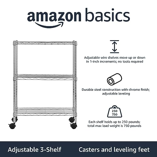 Amazon Basics 3-Shelf Adjustable, Heavy Duty Storage Shelving Unit (250 lbs loading capacity per shelf), Steel Organizer Wire Rack, 23.2"L x 13.4"W x 30"H, Black