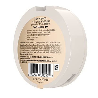 Neutrogena Mineral Sheers Compact Powder Foundation, Lightweight & Oil-Free Mineral Foundation, Fragrance-Free, Nude 40,.34 oz