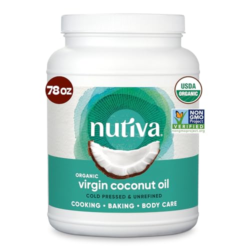 Nutiva Organic Coconut Oil 15 fl oz, Cold-Pressed, Fresh Flavor for Cooking, Natural Hair, Skin, Massage Oil and, Non-GMO, USDA Organic, Unrefined Extra Virgin Coconut Oil (Aceite de Coco)