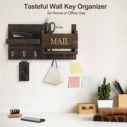 Mail Organizer for Wall Mount – Key Holder with Shelf includes Letter Holder and Hooks for Hallway Farmhouse Decor – Rustic Wood with Flush Mounting Hardware (16.5” x 9.1” x 3.4”) (Black)