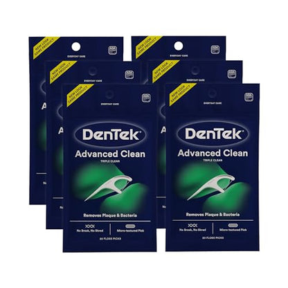 DenTek Triple Clean Advanced Clean Floss Picks, No Break & No Shred Floss, 20 Count, 6 Pack