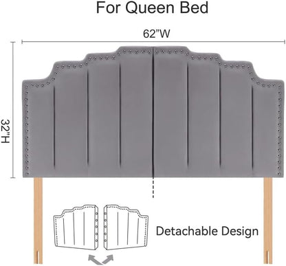 Kingfun Mid Century Headboard for Queen Size Bed, Velvet Upholstered Tufted Bed Headboard with Nailhead Decor, Adjustable Curved Solid Wood Head Board Vertical Channel Design (Medium Grey)