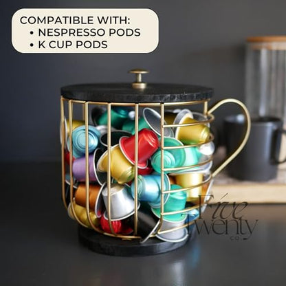 Coffee Pod Holder – Compatible with Nespresso Vertuo Pods and Capsules - Gold Metal K Cup Holder - Cute Coffee Pod Basket w/ Wooden Base & Lid - Coffee Pod Storage - Coffee Bar Decor