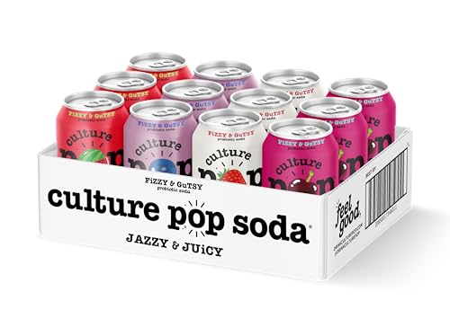 Culture Pop Soda Sparkling Probiotic Drink, 45 Calories Per Can, Vegan Soda for Gut Health, Non-GMO, GF, No Added Sugar, 12 Pack, 12 Fl Oz Cans, Jazzy & Juicy Variety Pack - New!