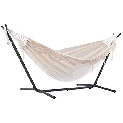 Vivere Double Hammock with Space Saving Steel Stand, Natural (450 lb Capacity - Premium Carry Bag Included)