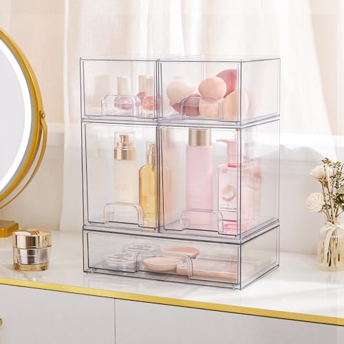 Vtopmart 2 Pack Clear Stackable Storage Drawers, 4.4'' Tall Acrylic Bathroom Makeup Organizer,Plastic Storage Bins For Vanity, Undersink, Kitchen Cabinets, Pantry, Home Organization and Storage