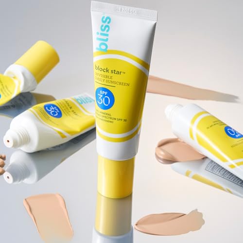 Bliss Block Star SPF 30 Invisible Daily Tinted Sunscreen with Zinc Oxide, Sunscreen & Makeup Primer - 100% Mineral Broad Spectrum Sunscreen with Titanium Dioxide and Antioxidant Blend,- 1.4 fl oz.