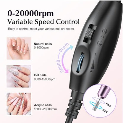 COSLUS Electric Nail Drill File Professional: for Acrylic Gel Dip Powder Nails Portable Nail Drill Machine Kit Manicure Pedicure Tools Polishing Set with Nail Drill Bits Sanding Bands