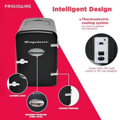 Frigidaire EFMIS175 Retro 9-Can Mini Personal Fridge Portable Cooler for Car, Office, Bedroom, Dorm Room, or Cabin, 11.8"D x 7.1"W x 10.1"H, Black