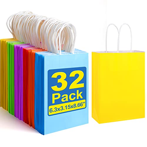 XPCARE 32 Pieces Paper Gift Bags, Kraft Paper Party Favor Bags Bulk with Handles for Kids Birthday, Baby Shower, Crafts, Wedding, Party Supplies (6 Colors)…