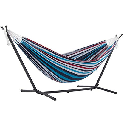 Vivere Double Hammock with Space Saving Steel Stand, Natural (450 lb Capacity - Premium Carry Bag Included)