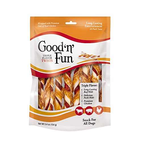 Good'n'Fun Triple Flavor Twists, Dog Chew Sticks, Premium Chicken and Beef Hide Treats for Dogs, 70 Count