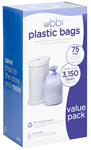 Ubbi Diaper Pail Plastic Bags, Disposable Baby Waste Bags, 3 Pack, 75 Count, 13-Gallon Bags