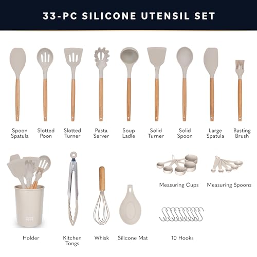 Home Hero 33 Pcs Silicone Kitchen Utensils Set, Non-Stick Silicone Cooking Utensils Set with Spatula, Wooden Handle Spatula, Silicone Kitchen Gadgets Utensil Set (33 Pcs - Blue)