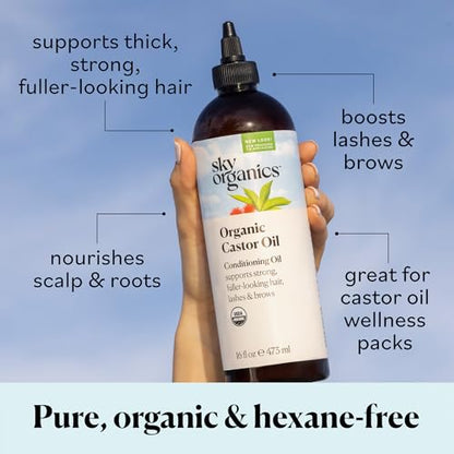 Sky Organics Castor Oil (2x16oz) USDA Organic Cold-Pressed Unrefined100% Pure Hexane-Free Castor Oil Conditioning & Healing For Dry Skin, Hair Growth for Eyelashes & Eyebrows with Exclusive Ebook