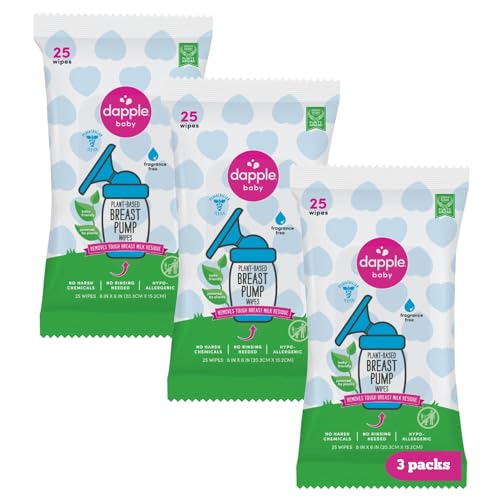 Breast Pump Wipes by Dapple Baby, 25 Count (Pack of 3), Fragrance Free, Plant Based & Hypoallergenic Breast Pump Wipes - Removes Milk Residue, Leaves No Taste - Convenient Wipes Pouch