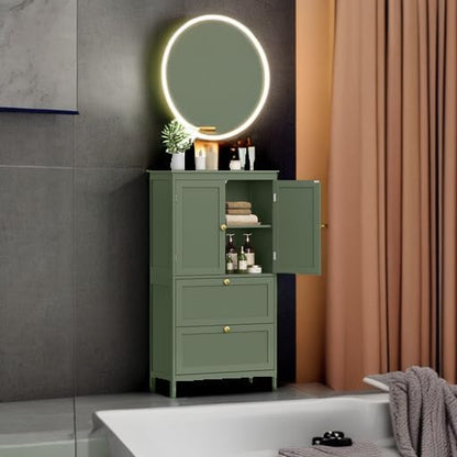 VASAGLE Bathroom Floor Storage Cabinet, Bathroom Storage Unit, Freestanding Cabinet with 2 Drawers and 2 Doors, Adjustable Shelf, 11.8 x 23.6 x 43.3 Inches, Forest Green UBBC551C01